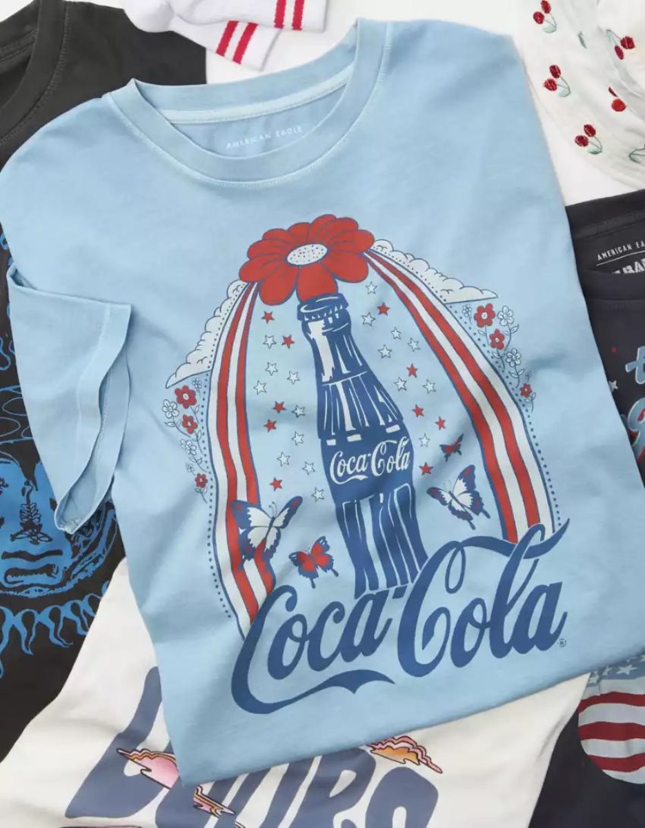 T Shirts American Eagle AE Oversized Americana Coca Cola Graphique Tee Bleu Clair Femme | JKM-00108773